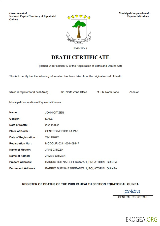 Modèle Word et PDF d'acte de décès en Guinée équatoriale